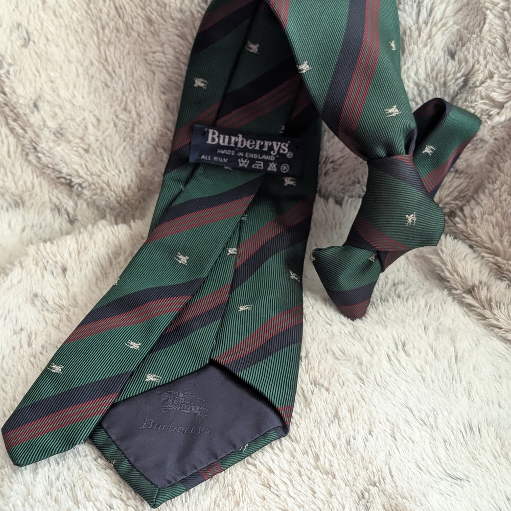 Burberry Green and Red Striped Silk Tie